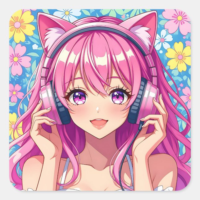 Sticker Carré Cute Pink Anime Girl with Headphones (Devant)