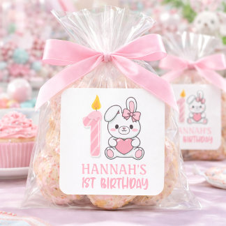 Sticker Carré Cute Pink Bunny Candle Girls First Birthday 