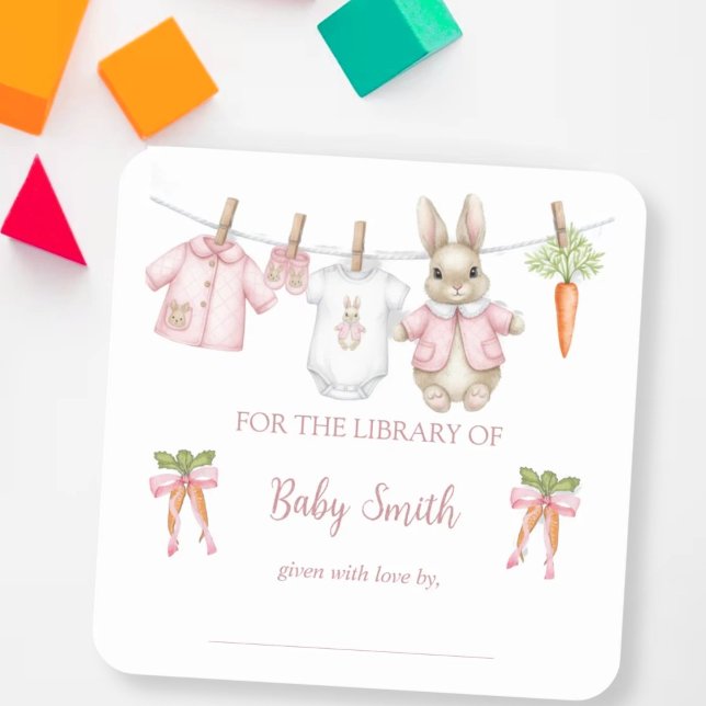 Sticker Carré Cute Pink Clothesline Peter the Rabbit Book Plate (Créateur téléchargé)