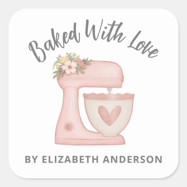 Sticker Carré Cute Pink Gâteau Mixer Boulangerie Affaires (Devant)