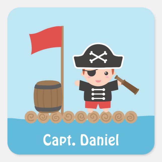 Sticker Carré Cute Pirate Captain Ocean Raft Nom du garçon Stick (Devant)