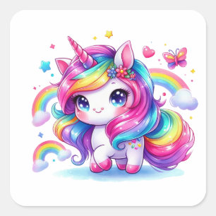 Sticker Carré Cute Rainbow Unicorn