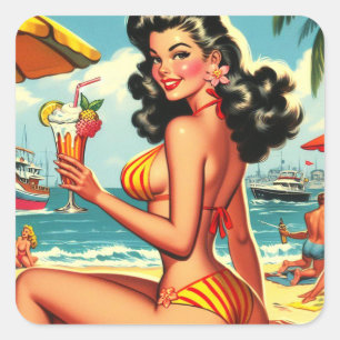 Sticker Carré Cute Retro Bikini Girl