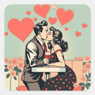 Sticker Carré Cute Retro Couple Kissing Pop Coeurs d'art