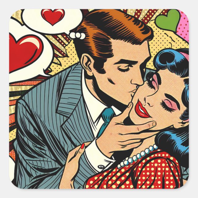 Sticker Carré Cute Retro Saint Valentin's Day Kiss (Devant)