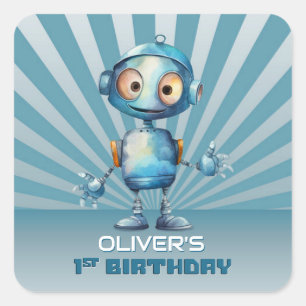 Sticker Carré Cute Robot Thème 1er Anniversaire Invitation