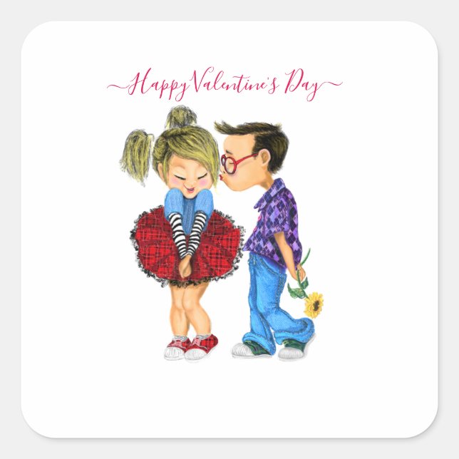 Sticker Carré Cute Romantic Couple Love - Valentine's Day Kiss (Devant)