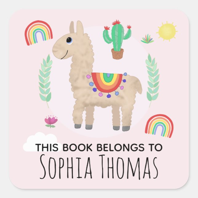 Sticker Carré Cute Rose 'Ce Livre Appartient' Llama Kids Boplate (Devant)