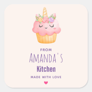 Sticker Carré Cute rose Cupcake Unicorn avec cuisine Rose