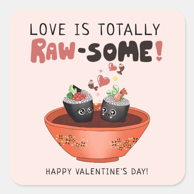 Sticker Carré Cute Rose Kawaii Sushi Love Kids Saint Valentin (Devant)