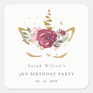 Sticker Carré Cute Rose Or Floral Unicorne N'importe quel âge An