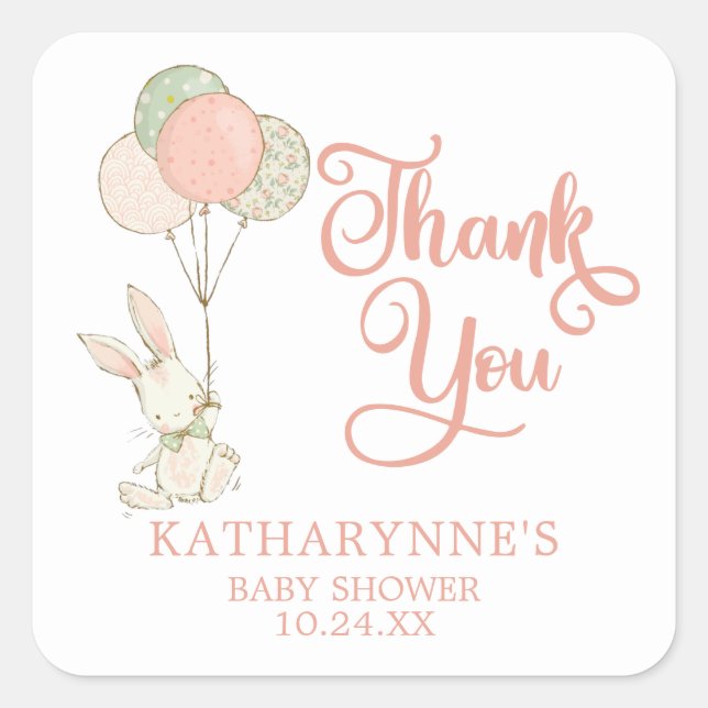 Sticker Carré Cute rose rustique lapin Baby shower Merci (Devant)