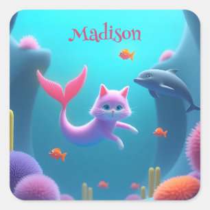 Sticker Carré Cute rose Sirène Kitten