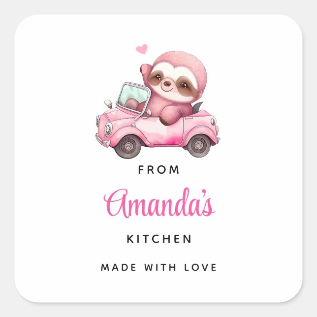 Sticker Carré Cute Rose Sloth Conduire une voiture Cuisine (Devant)
