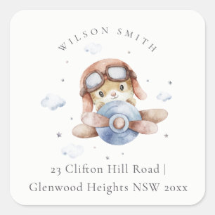 Sticker Carré Cute Rust Navy Plane Teddy Cloud Stars Sky Adresse