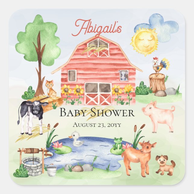Sticker Carré Cute Rustic Farm Animaux Barnyard Baby shower (Devant)