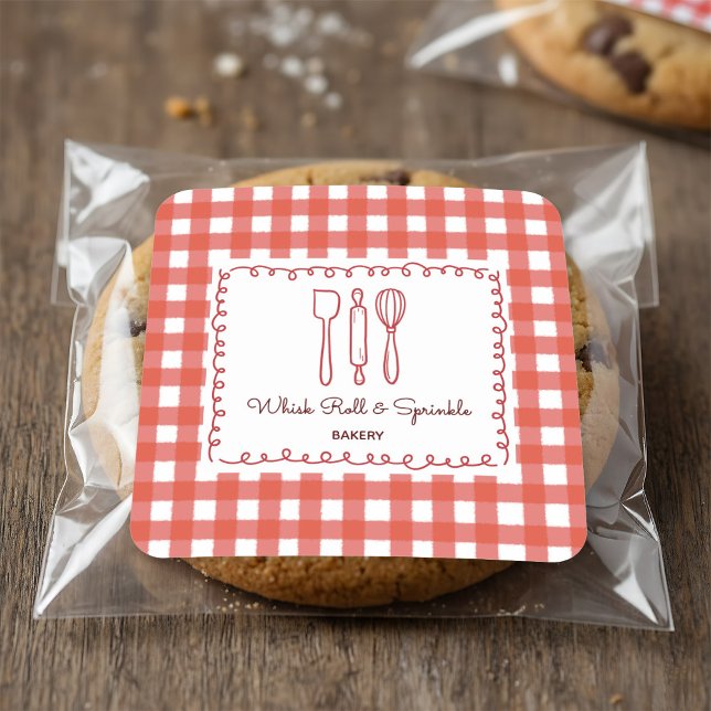 Sticker Carré Cute Rustic Farmhouse Gingham Bakery Labels (Créateur téléchargé)