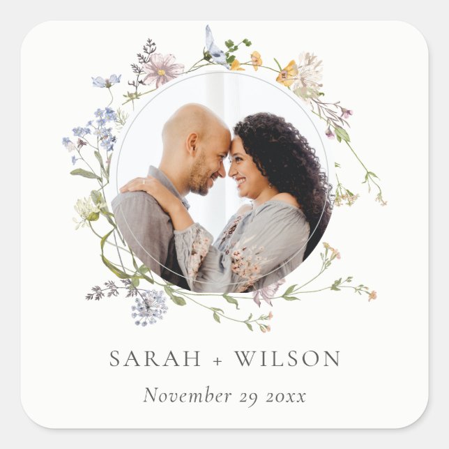 Sticker Carré Cute Rustic Meadow Floral Wreath Mariage photo (Devant)