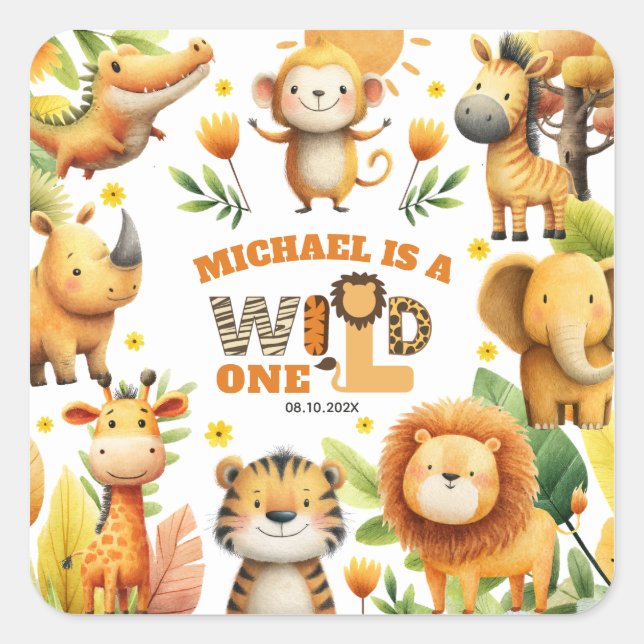Sticker Carré Cute Safari Animals Festive WILD ONE 1st Birthday  (Devant)