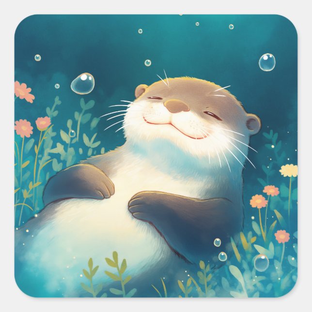Sticker Carré Cute Sleeping Sea Otter Underwater with Bubbles (Devant)