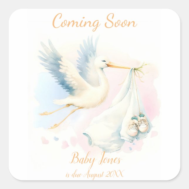 Sticker Carré Cute Stork à venir faire-part Invitation (Devant)