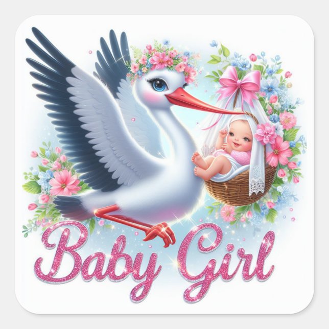 Sticker Carré Cute Stork portant bébé fille (Devant)