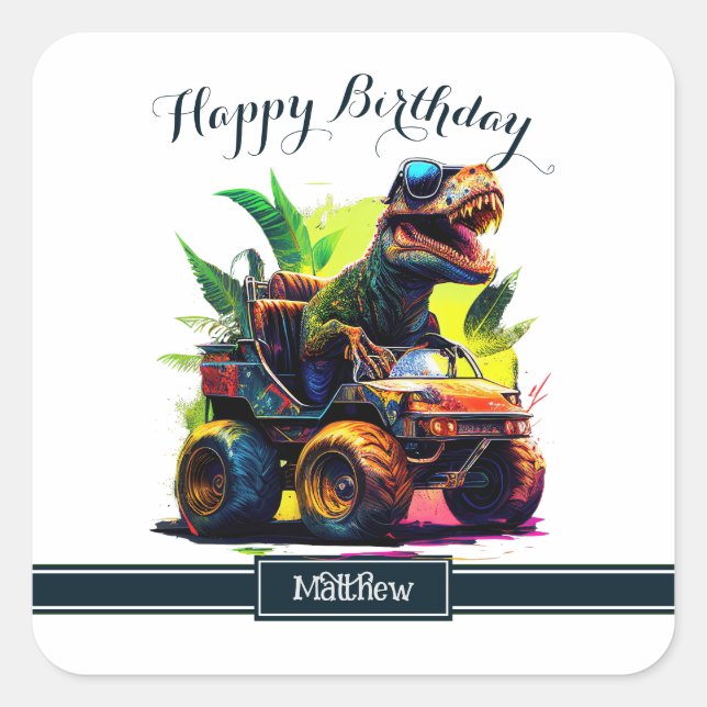 Sticker Carré Cute T-Rex équitation Monster Camion Dinosaure Ann (Devant)