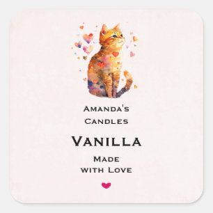 Sticker Carré Cute Tabby Chat avec Coeur Craft bougie