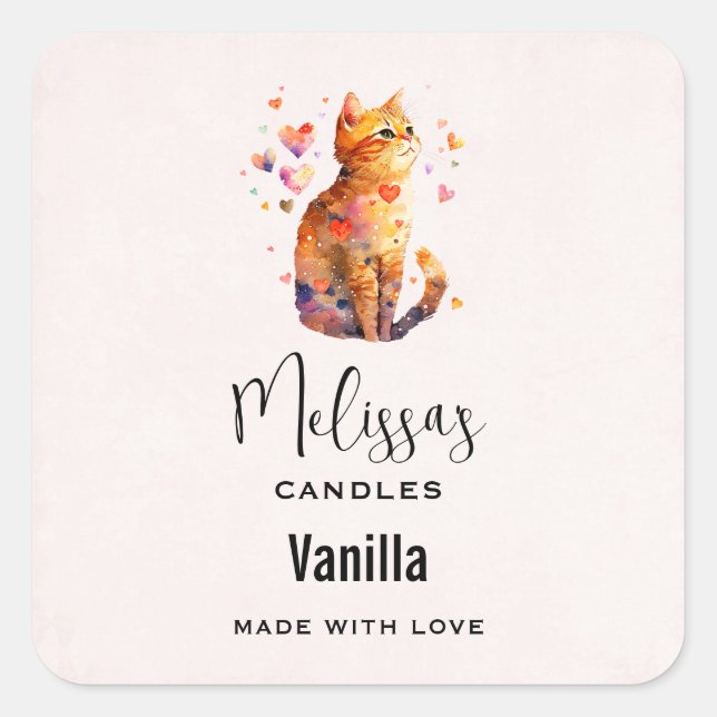 Sticker Carré Cute Tabby Chat avec Coeur Craft bougie (Devant)