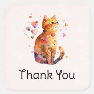 Sticker Carré Cute Tabby Chat avec Coeur Merci
