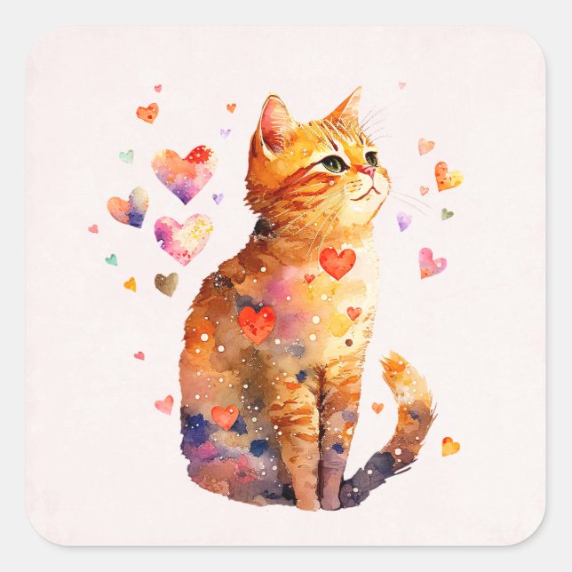 Sticker Carré Cute Tabby Chat avec Coeurs (Devant)