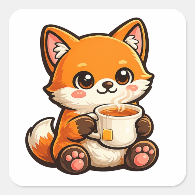 Sticker Carré Cute Tea Fox Illustration – Cozy Fox Drinking Tea (Devant)