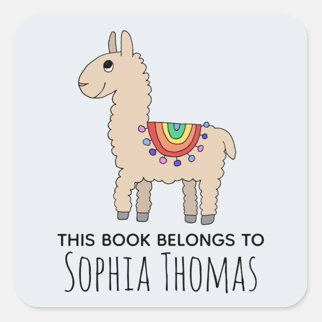 Sticker Carré Cute 'This Book Belongs' Llama Name Kids Boplate (Devant)