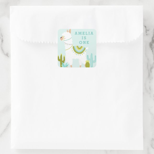 Sticker Carré Cute Tout Llama Amusant Aqua 1er Anniversaire Favo (Sac)