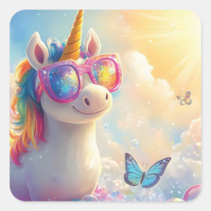 Sticker Carré Cute Unicorn avec lunettes de soleil : Magique et