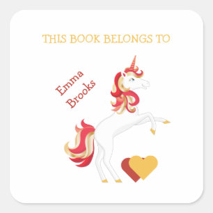 Sticker Carré Cute Unicorn Bookplate Ce livre appartient au Étiq