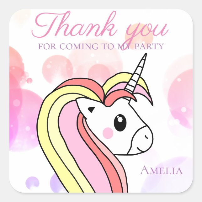 Sticker Carré Cute Unicorn Enfants Merci fête d'anniversaire (Devant)