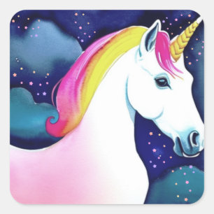 Sticker Carré Cute Unicorn Étoiles Magiques Dessin Fille Anniver