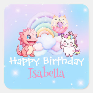 Sticker Carré Cute Unicorn Rainbow Dino Donut ballon Anniversair