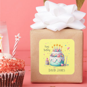 Sticker Carré Cute unisex Happy Birthday cake ajouter le nom