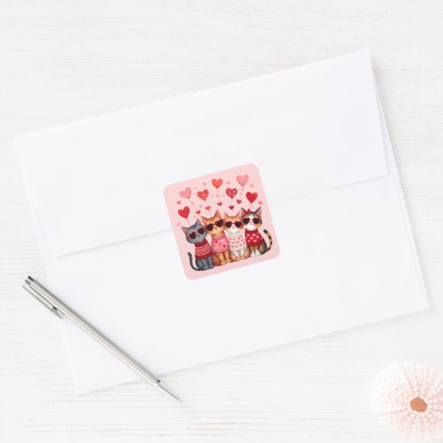 Sticker Carré Cute Valentine Chats en Lunettes de soleil Coeur (Enveloppe)