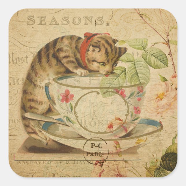 Sticker Carré Cute Vintage Cat Tea (Devant)