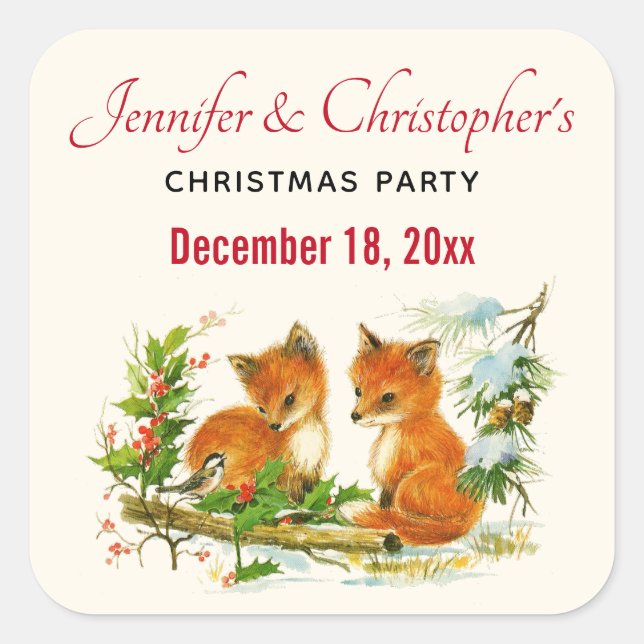 Sticker Carré Cute Vintage Foxes Retro Christmas Scene (Devant)