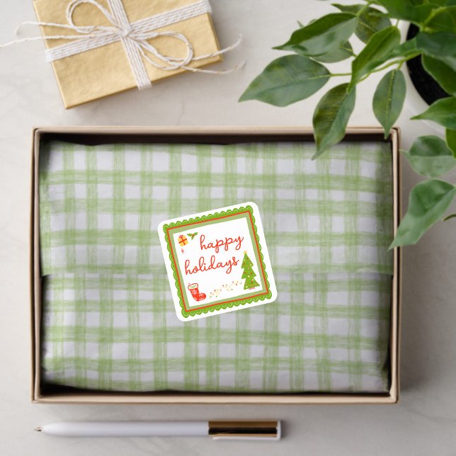 Sticker Carré Cute Whimsical Christmas Icons HAPPY HOLIDAYS (Cute Whimsical Christmas Icons HAPPY HOLIDAYS Square Sticker
)