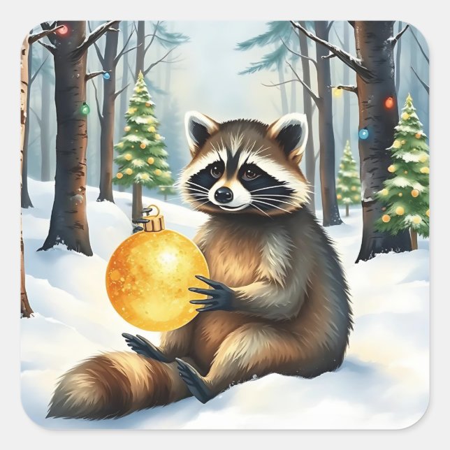 Sticker Carré Cute Winter Raccoon with Gold Ornament Christmas (Devant)