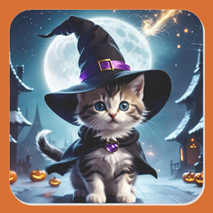 Sticker Carré Cute Witte Kitten Citrouille Halloween Trick ou Tr
