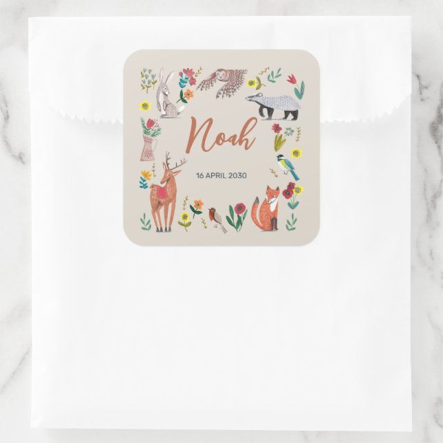 Sticker Carré Cute Woodland Animaux Baby shower neutre (Sac)