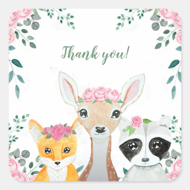 Sticker Carré Cute Woodland Animaux Bébé Fille Douche Faveurs (Devant)