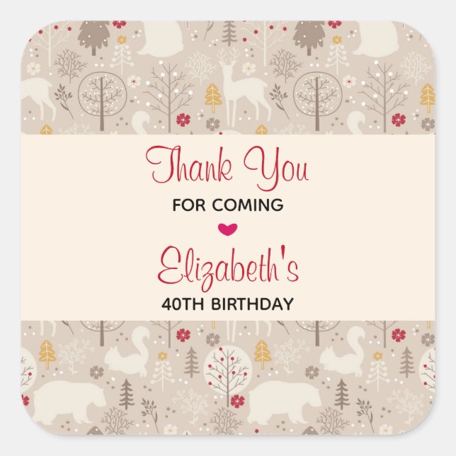Sticker Carré Cute Woodland Animaux Motifs nordiques Anniversair (Devant)
