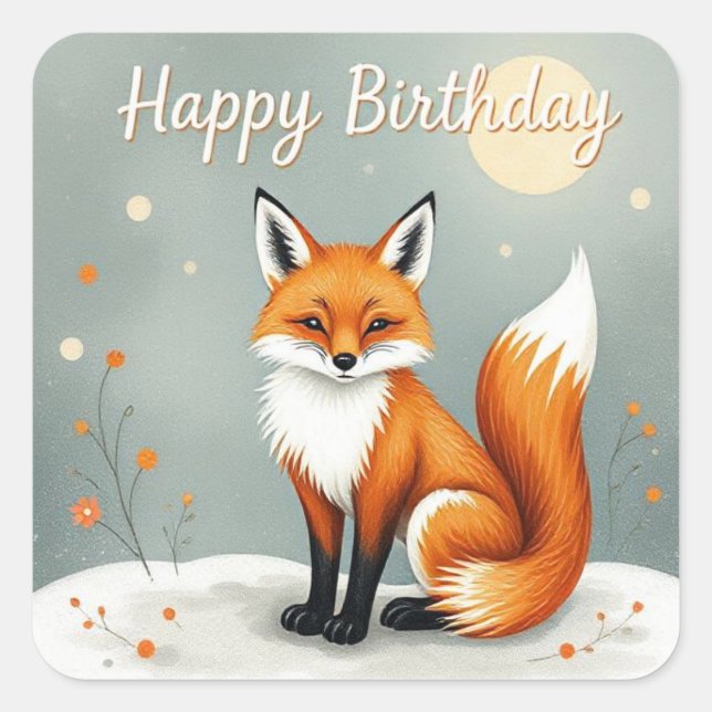 Sticker Carré Cute Woodland Brown Fox Happy Birthday (Devant)
